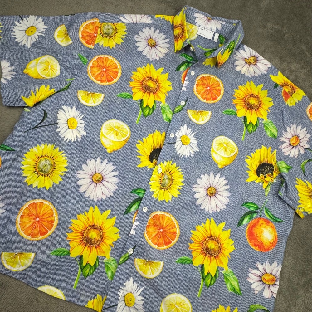 ASOS DESIGN Shirt Mens Large Blue Floral Sunflower Fruit Print Short Sleeve Good